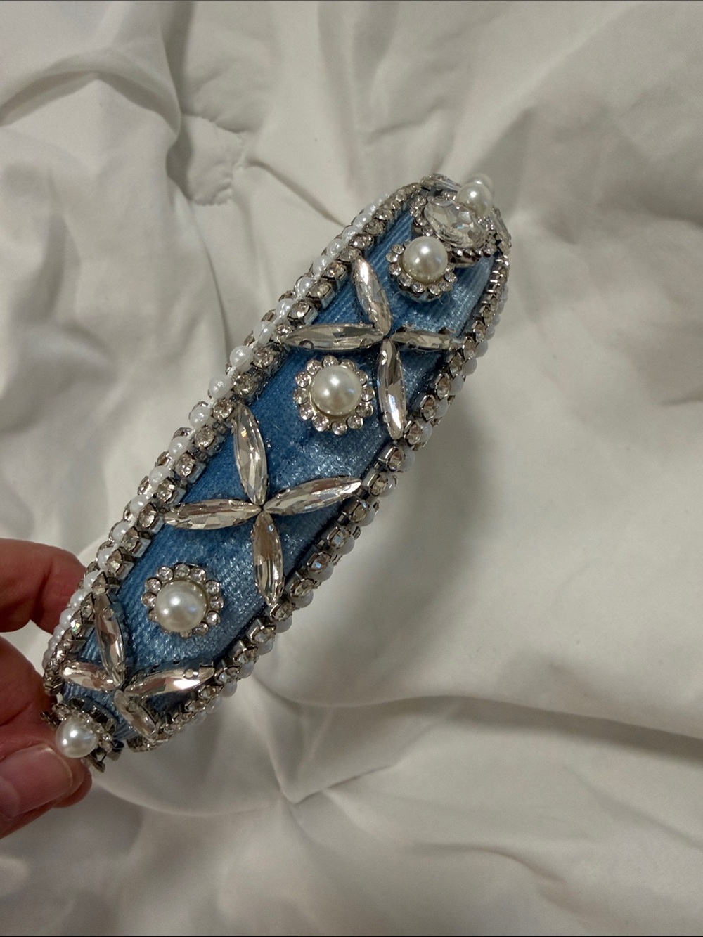 Embellished Denim Pearl & Crystal Headband